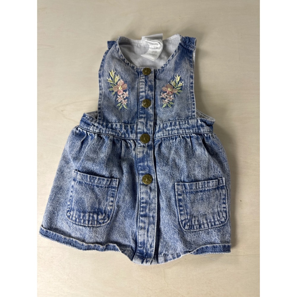 Daisy‎ Fuentes Baby Girls Acid Wash Denim Floral Embroidered Jumper Dress 6/9M